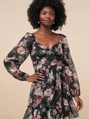 Lulus Truly Adorable Green Floral Burnout Balloon Sleeve Mini Dress - Size L